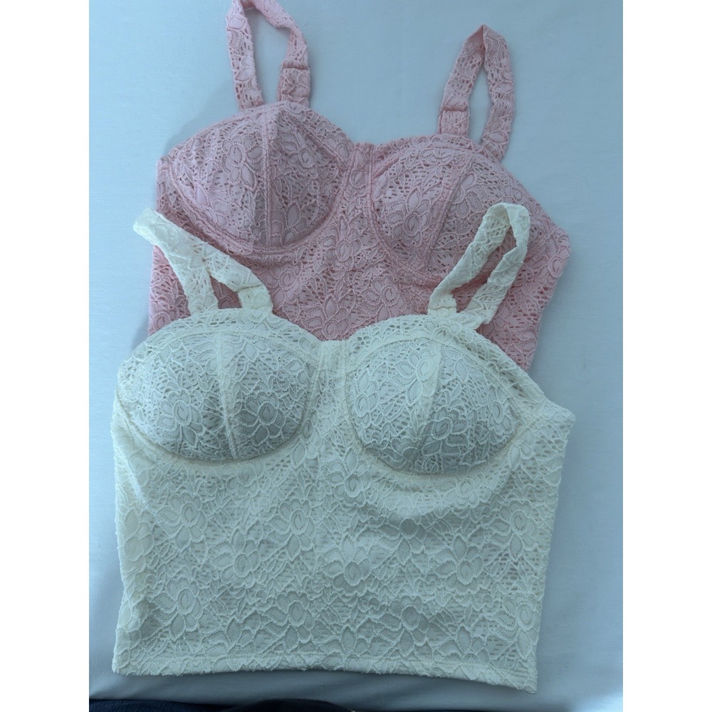Lot 2 Crochet Knit Crop Top  Pink/White Boho Sweetheart Hippie Festival Feminine